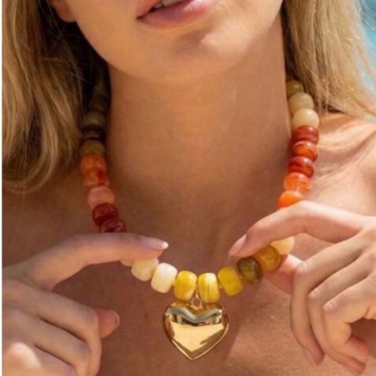 New! Sunset Chunky Beaded Gold Heart Statement Necklace Nwot